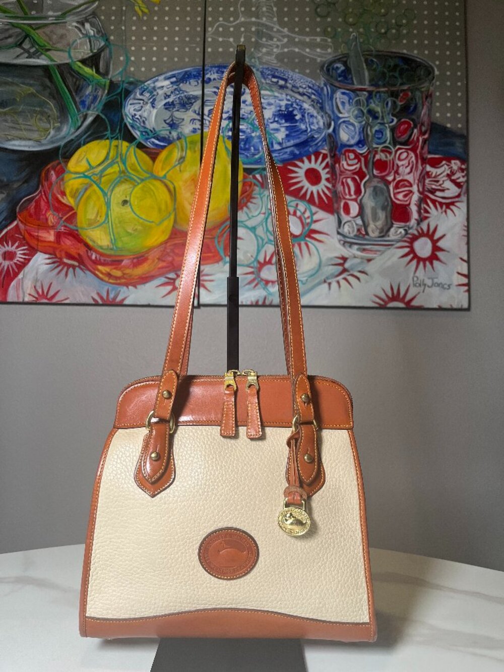 Dooney & Bourke AWL Carpet Satchel Vintage British Tan Pebble Leather